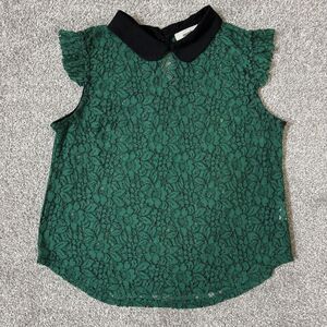 Meraki Shirt Womens Medium Green Lace Sheer PeterPan Collar Cap Sleeve Business